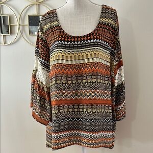 Ashley Stewart Women's Multicolor Patterned Top, boho, flare sleeve wh lace